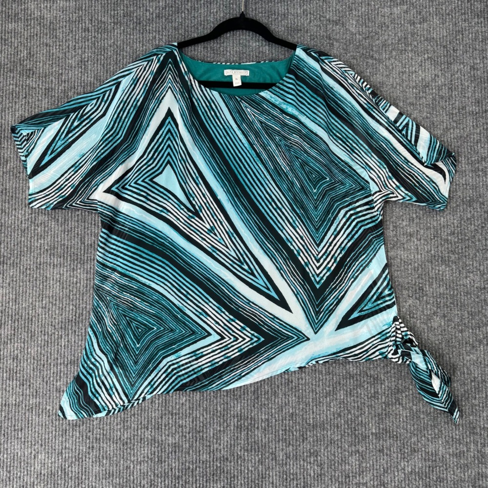 Dana Buchman XL Retro Geometric Top Teal‎ Dolman Sleeve Tie Hem Artsy Blouse
